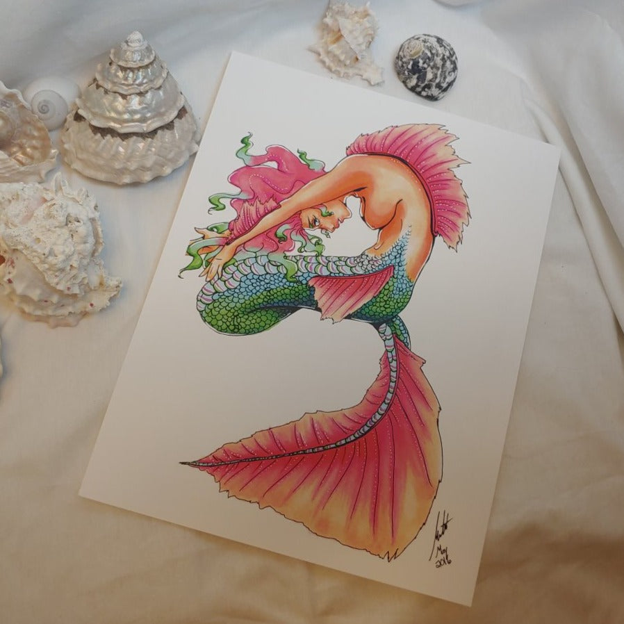 PRINT 8.5x11 - Stretching Mermaid with Pink Fins