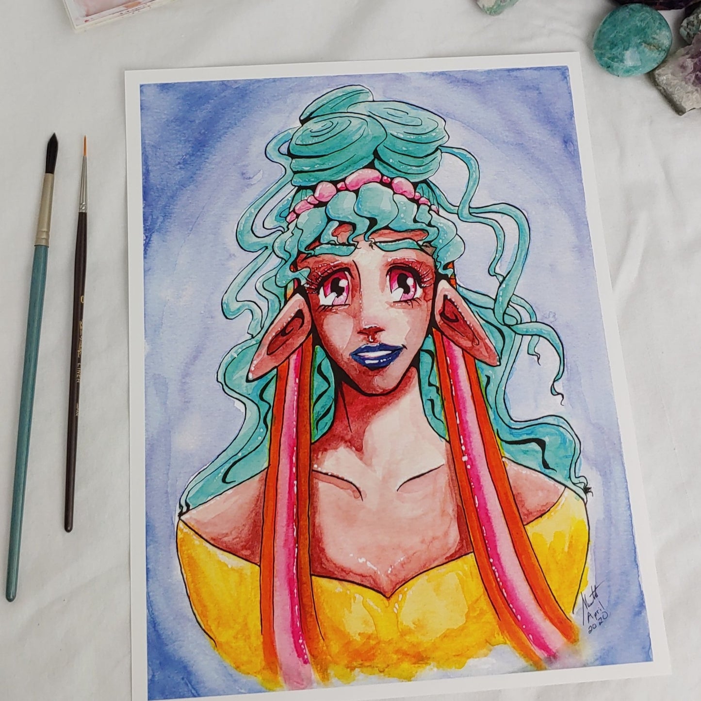 PRINT 8.5x11 - Teal haired Elven Priestess