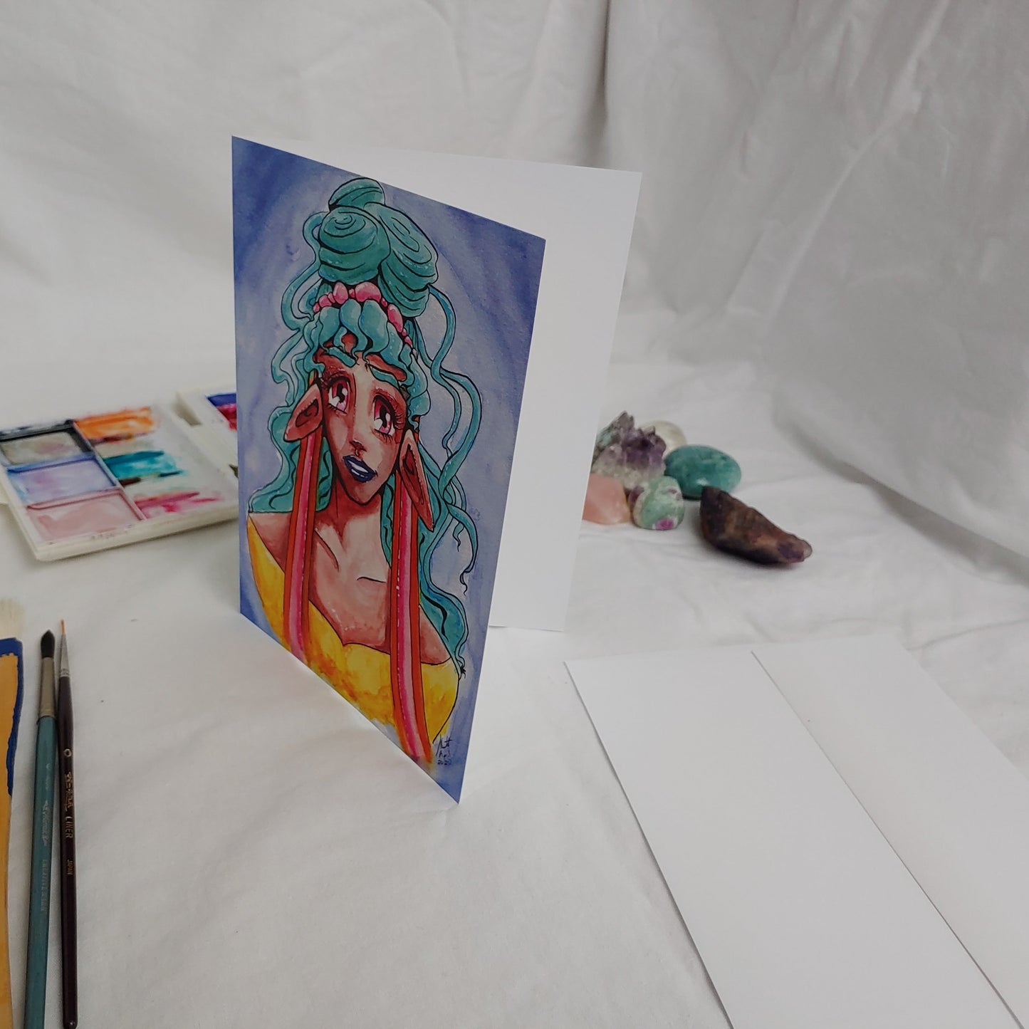 A7 CARD - Teal haired Elven Priestess