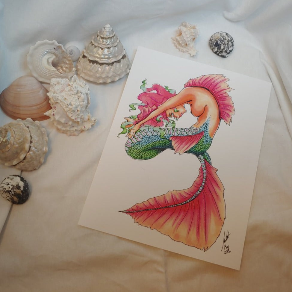 PRINT 8.5x11 - Stretching Mermaid with Pink Fins