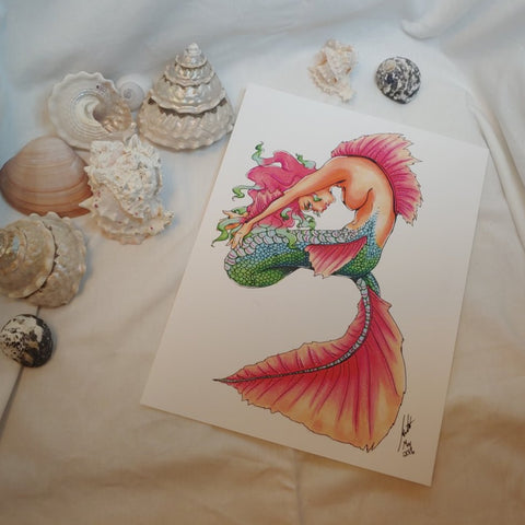 PRINT - Stretching Mermaid with Pink Fins