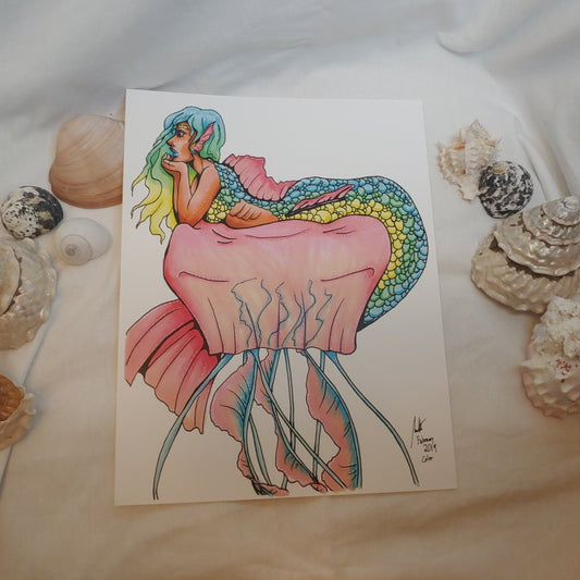 PRINT 8.5x11 - Mermaid Relaxing on a Jellyfish