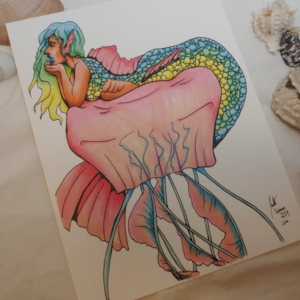PRINT - Mermaid Relaxing on a Jellyfish
