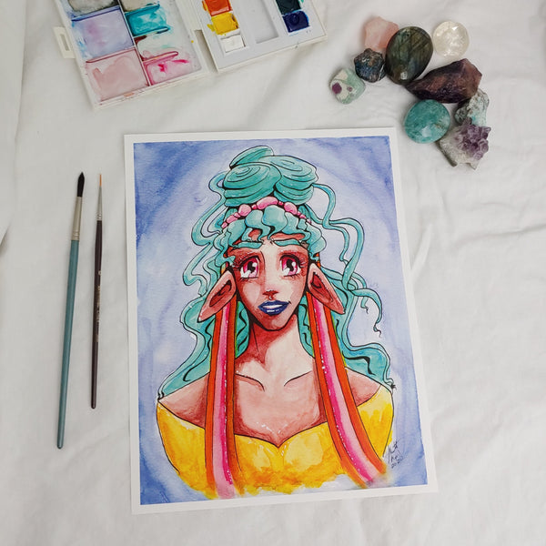PRINT 8.5x11 - Teal haired Elven Priestess