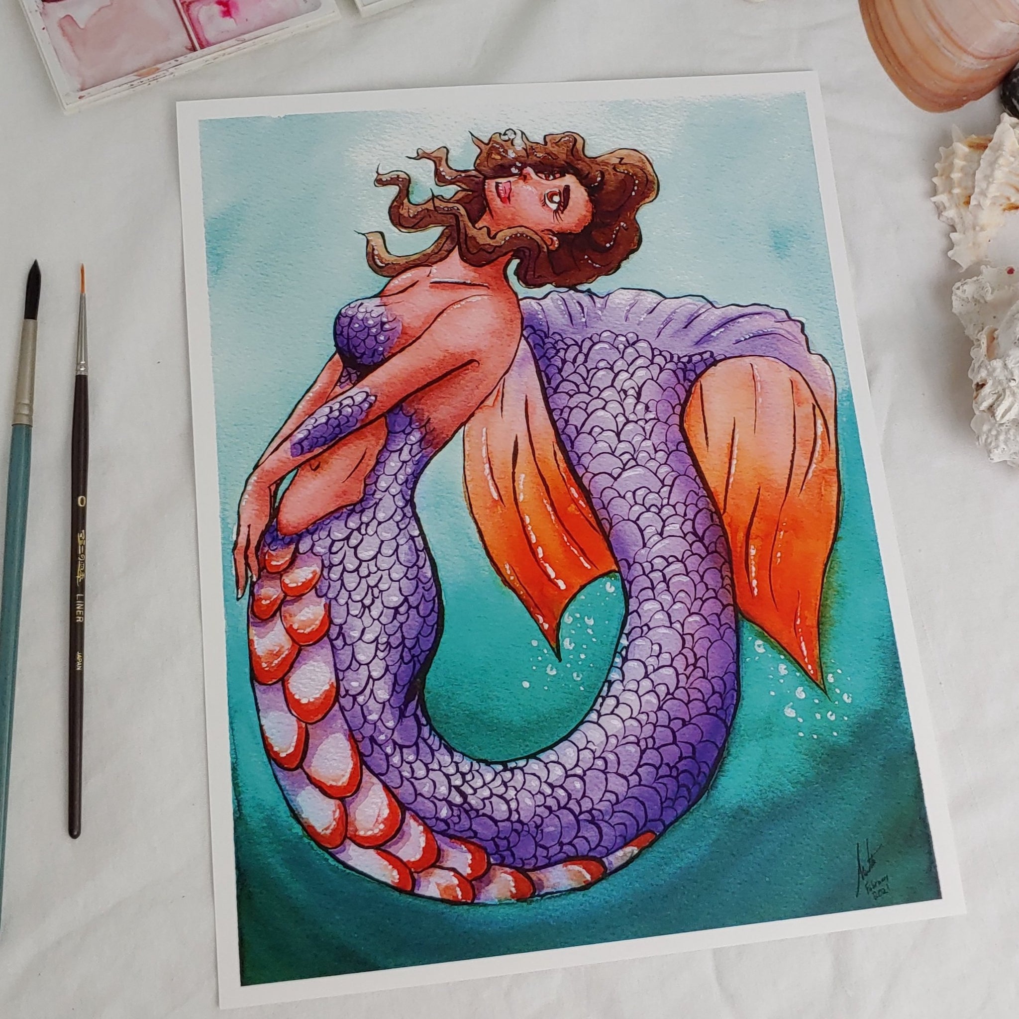 PRINT - Purple and Orange Tailed Mermaid
