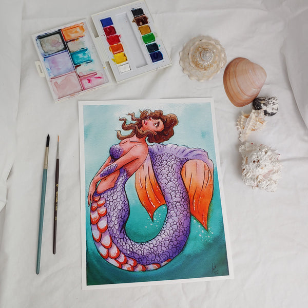 PRINT - Purple and Orange Tailed Mermaid