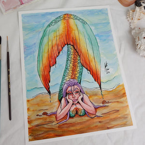 PRINT - Orange and Teal Tailed Mermaid