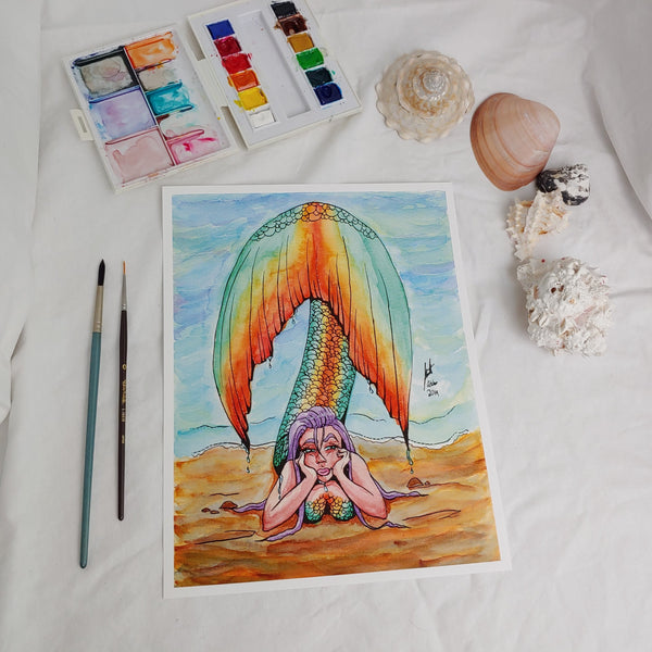 PRINT - Orange and Teal Tailed Mermaid