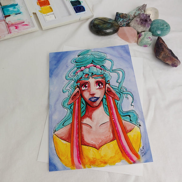 A7 CARD - Teal haired Elven Priestess